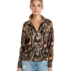 Chico's Zenergy Sz 0 Gold Metallic Animal Print Brown Trim Pockets Stretchy NWOT